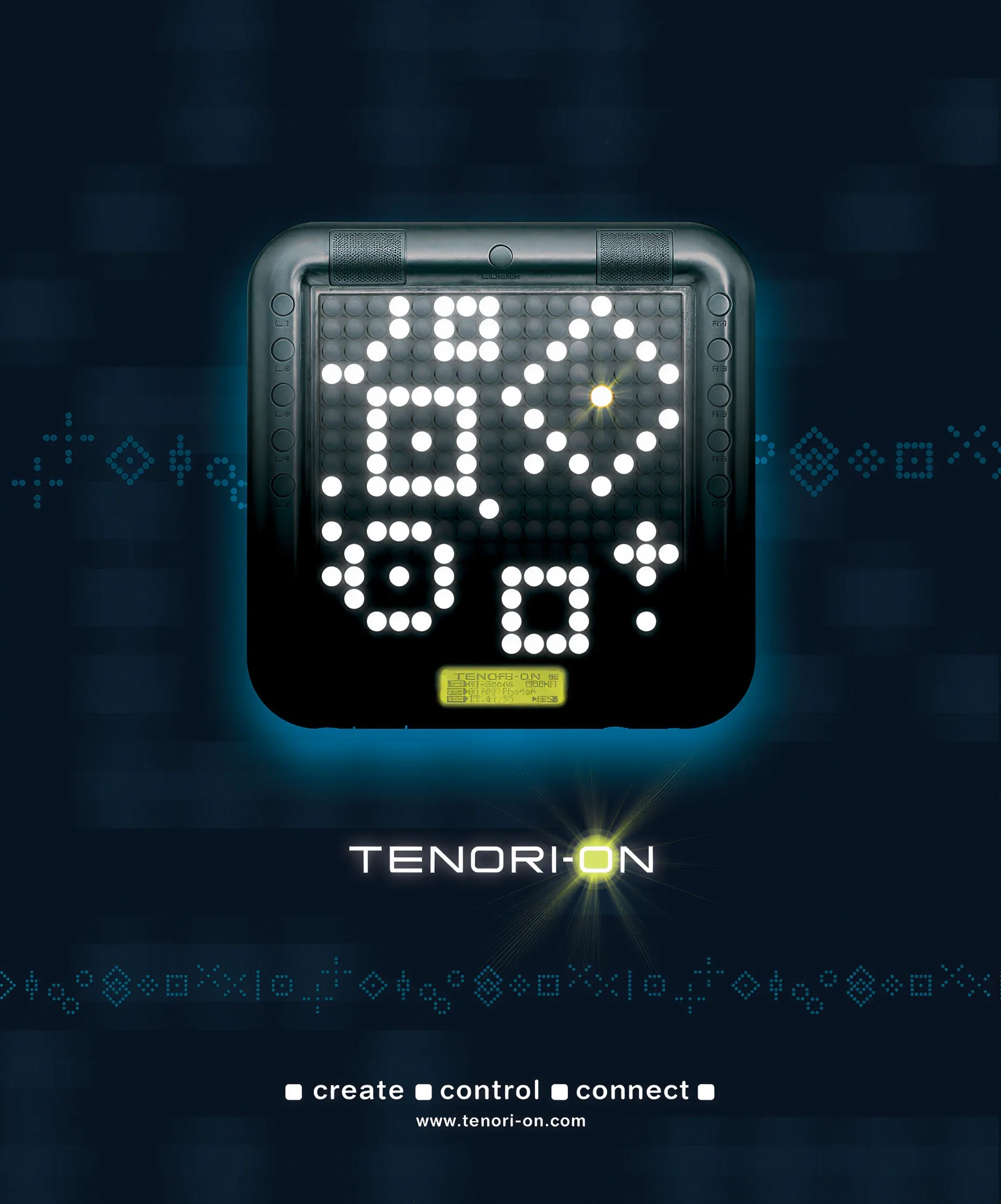 Tenori-on print campaign — deep blue with the LED grid